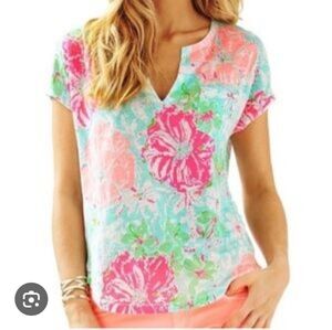 Lilly Pulitzer Floral 100% Linen Casual Top Spring Casual Preppy Coastal